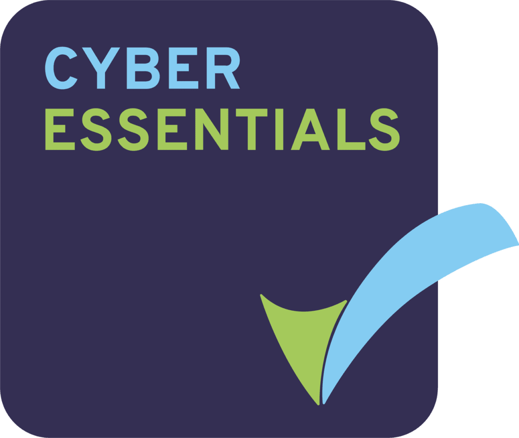 The image shows the Cyber Essentials logo with a dark blue background. The word CYBER is in light blue, and ESSENTIALS is in green. A blue and green checkmark is at the bottom right corner.