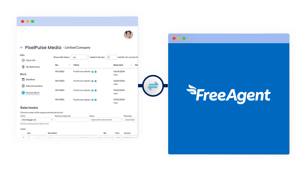 Split image showing a software interface on the left, labeled PixelPulse Media, with client and invoice details, connected by an arrow to a blue screen on the right displaying the FreeAgent logo.