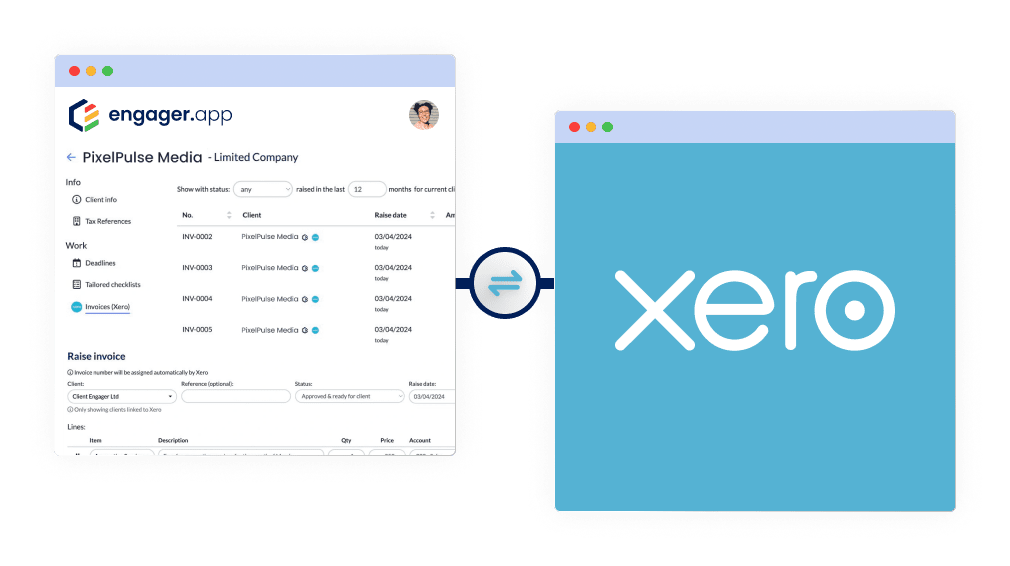 Split screen image showing the Engager app interface on the left, displaying an invoice management dashboard for PixelPulse Media. The right side shows the Xero logo, with a circular arrow between them, suggesting integration or transfer.