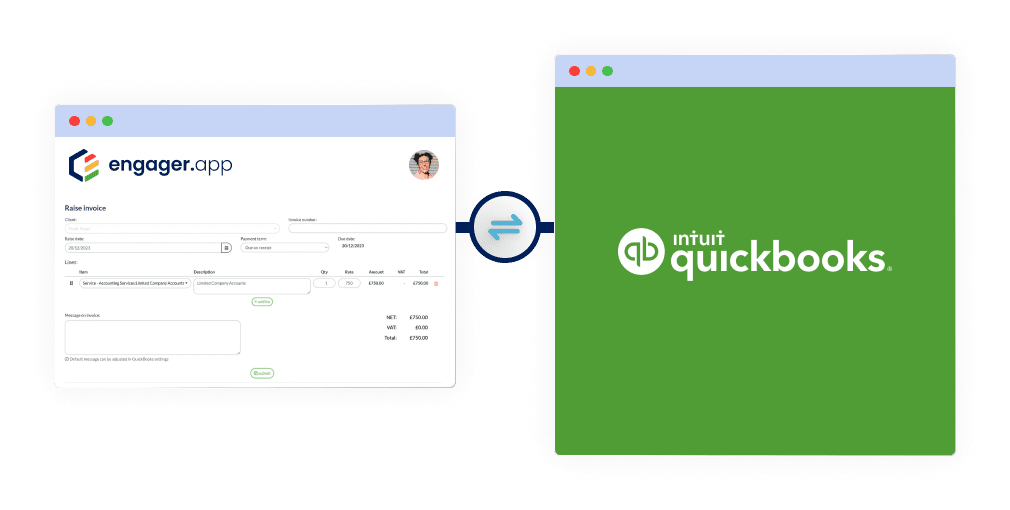 Illustration showing an integration process between Engager.app and Intuit QuickBooks. On the left is an invoice interface from Engager.app, and on the right is the QuickBooks logo on a green background, connected by an arrow.