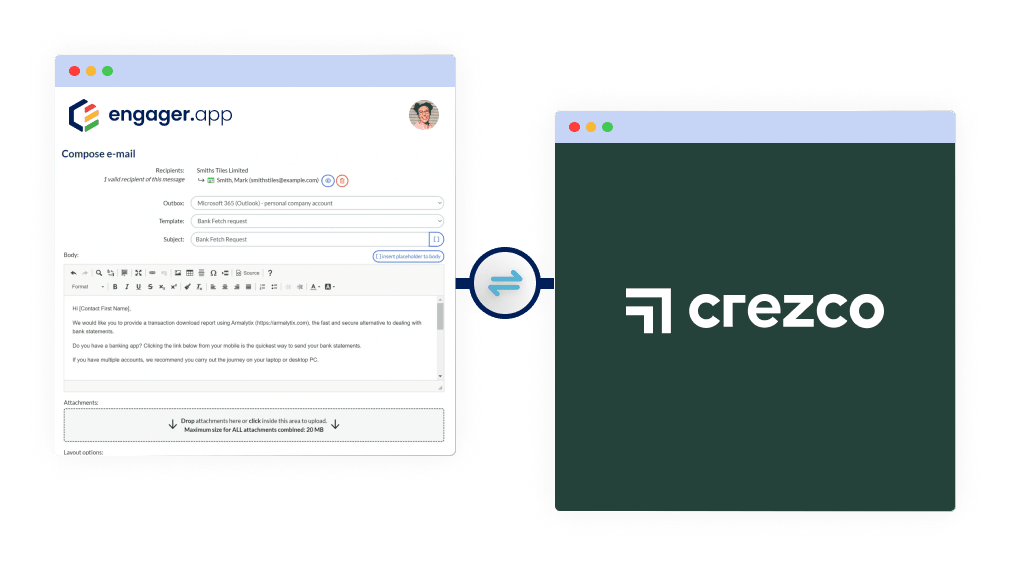 Illustration showing an email draft in the Engager.app interface on the left, with a Crezco logo on the right. There is a double-headed arrow between them, indicating interaction or integration.