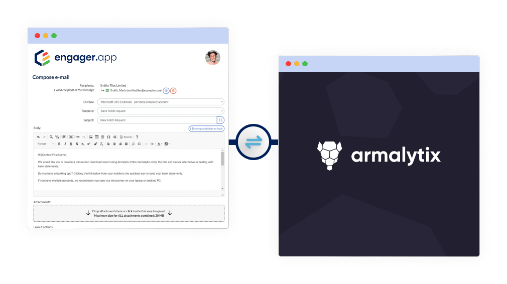 A split image showing an open email compose window on engager.app with fields for recipient, subject, and message. The other side displays the armalytix logo on a dark background. A double arrow in between represents integration.