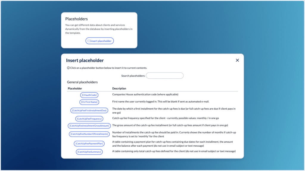 A screenshot displays a Placeholders dialog box and an Insert placeholder window, perfect for integrating SEO keywords. The larger window offers various placeholders with descriptions for dynamic text, set against a gradient blue background.