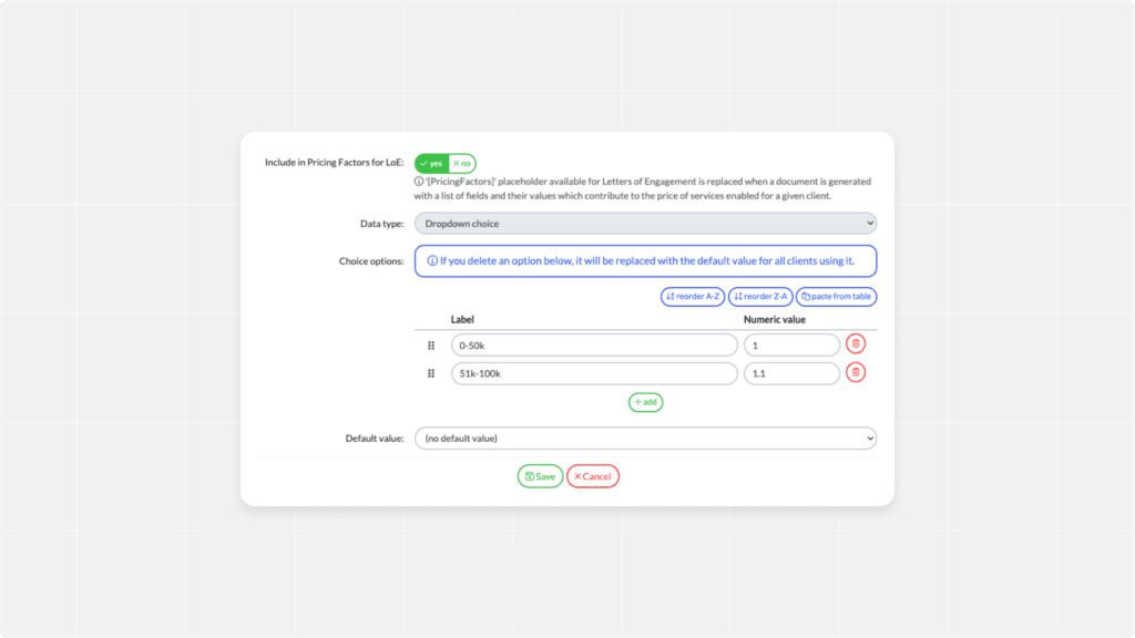 A screenshot showcases the Pricing Tool user interface for pricing factors. It includes options like pricing type, data type, and choice options. Numeric values such as 50k and 500k are visible, with features to add, reorder, and delete entries seamlessly integrated into the design.