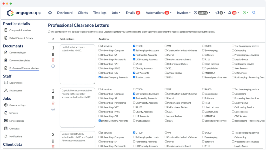 Screenshot of a web app interface for generating professional clearance letters. It lists practice details, documents, staff, clients, services, and jobs. Options to select point contents apply to categories like TC400, DVAT, and Clients Index, ensuring SEO-friendly professional clearance documents.