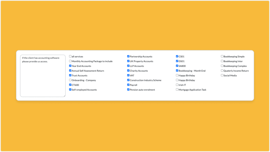 A white checklist form on an orange background features professional options related to account services. Some checked items include Monthly Accounting Package, VAT Accounts, Partnership Accounts, Bookkeeping - Month End, and Clearance Letters.