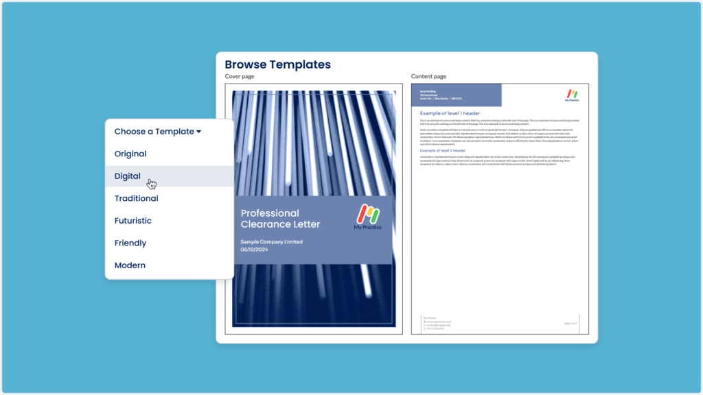 A computer screen displays a template selection interface featuring options like Original, Digital, and Traditional. A chosen template titled Professional Clearance Letters is previewed on the right, showcasing a modern, sleek design.