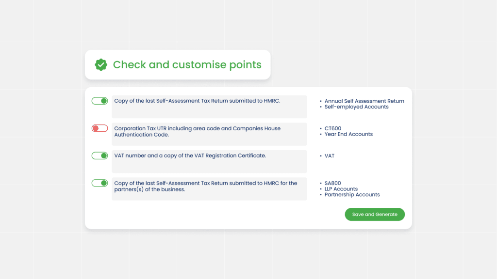 An online checklist displays items to customize, like tax returns and VAT details for businesses. Options are toggled on or off, with buttons to save and generate professional letters. Various document types and amounts are listed for efficient document management.