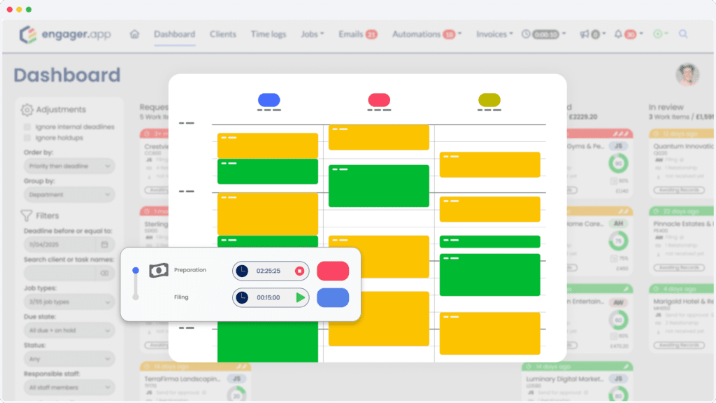 A digital dashboard interface features tables and graph elements in blue, green, yellow, and orange blocks. Integrating time tracking seamlessly, a small floating window displays a timer with sections labeled Preparation in blue and Filing in red.