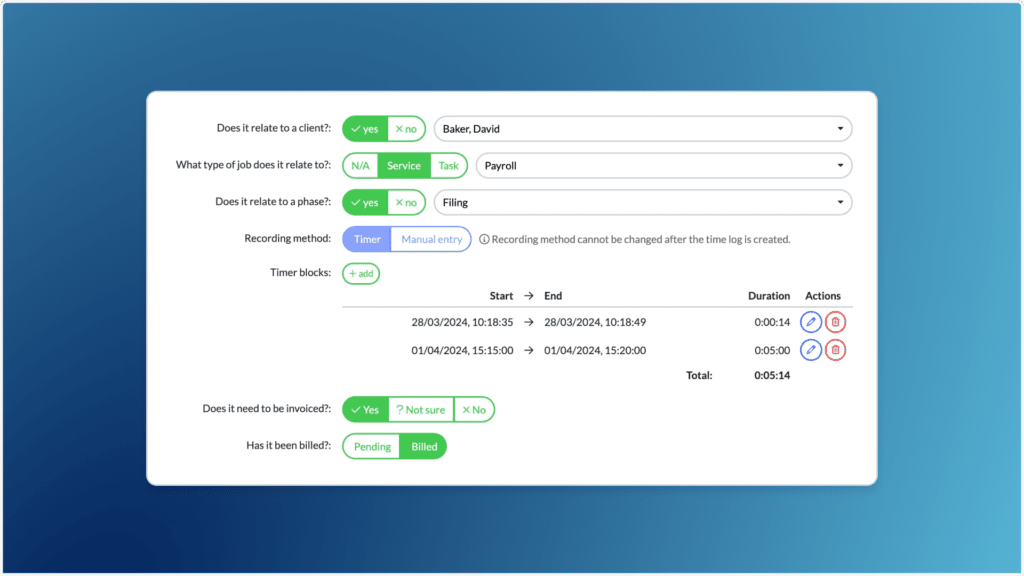 A digital time tracking form showing detailed time logs. It includes client information with yes/no options, fields for job type and phase, recording methods with a timer, time blocks with start and end times, invoicing status, and billing status.