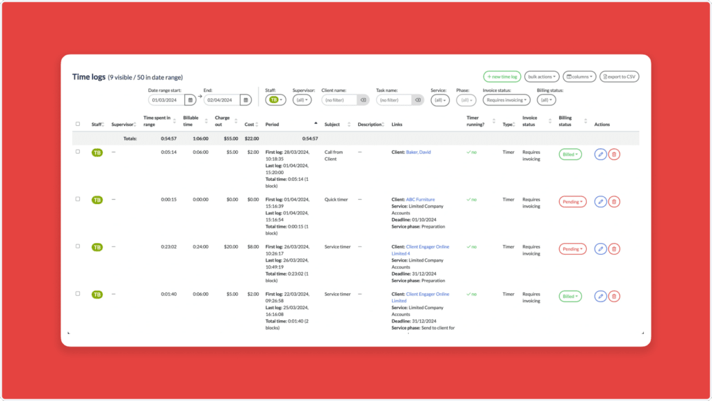 A screenshot of a time tracking management interface with a red background. The table lists time entries, including columns for time spent, start and stop times, user, project, service, notes, rates, and actions. Status labels include Pending and Invoicing.