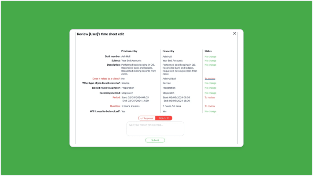 A sleek time tracking edit review screen on a green background displays previous and new entries for a staff member, detailing date, description, staff role, and hours. With options to approve or reject at the bottom, it ensures accurate record-keeping and transparency.