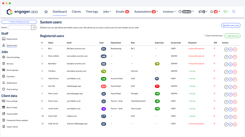 A screenshot of a system users page in a software application highlights details for unlimited users, including email, role, supervisor, and account status. The page features a menu bar with options like dashboard, clients, and jobs.