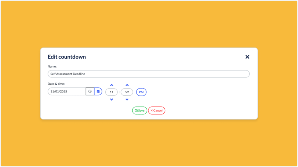 A screenshot of an Edit countdown interface. It includes fields to set a name and a date and time for the countdown, shown as 31/01/2023, 11:59 PM. There are Save and Cancel buttons at the bottom. The background is orange.