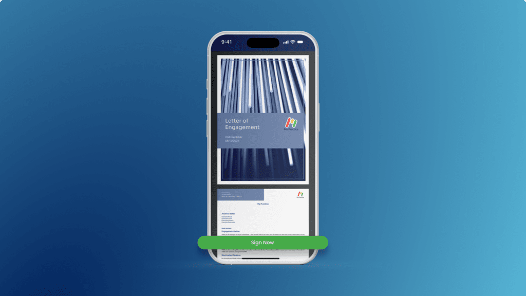 Mockup of Engager.app's mobile app with a Letter of Engagement displayed and ready for signing.