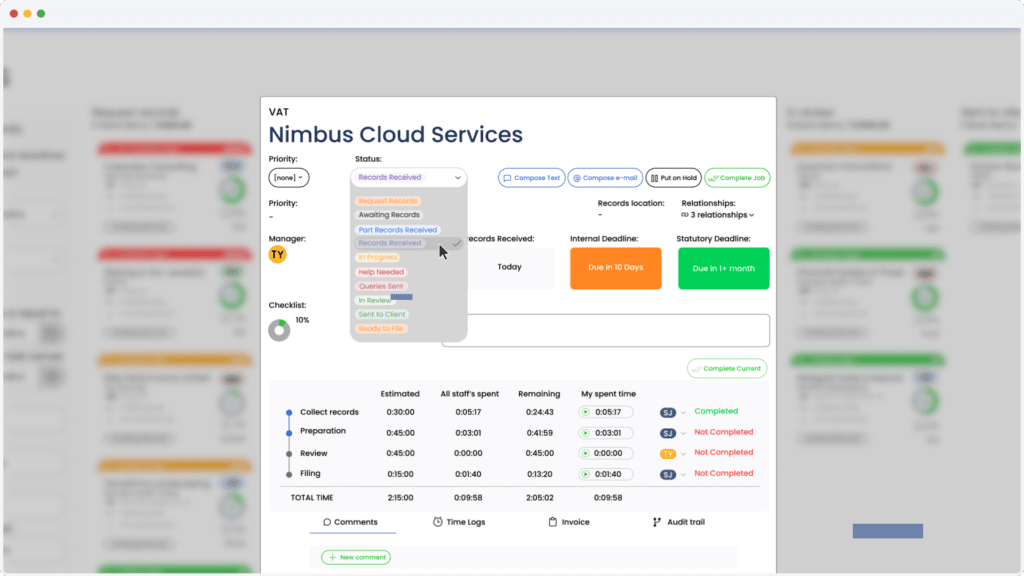 Screenshot of the Engager.app software displaying the different statuses of a MTD VAT service.