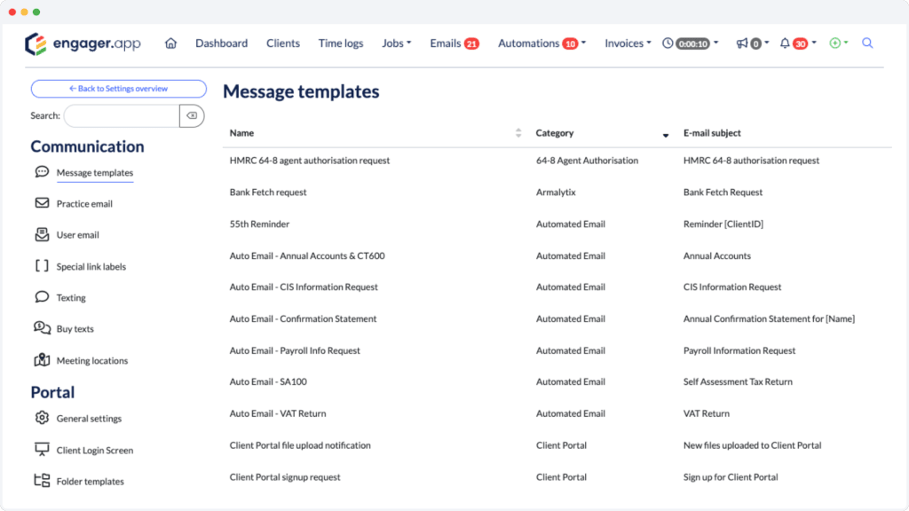 Screenshot of the Engager.app settings dashboard showing message templates like HMRC 64-8 authorisation requests, bank fetch requests, and automated email categories.