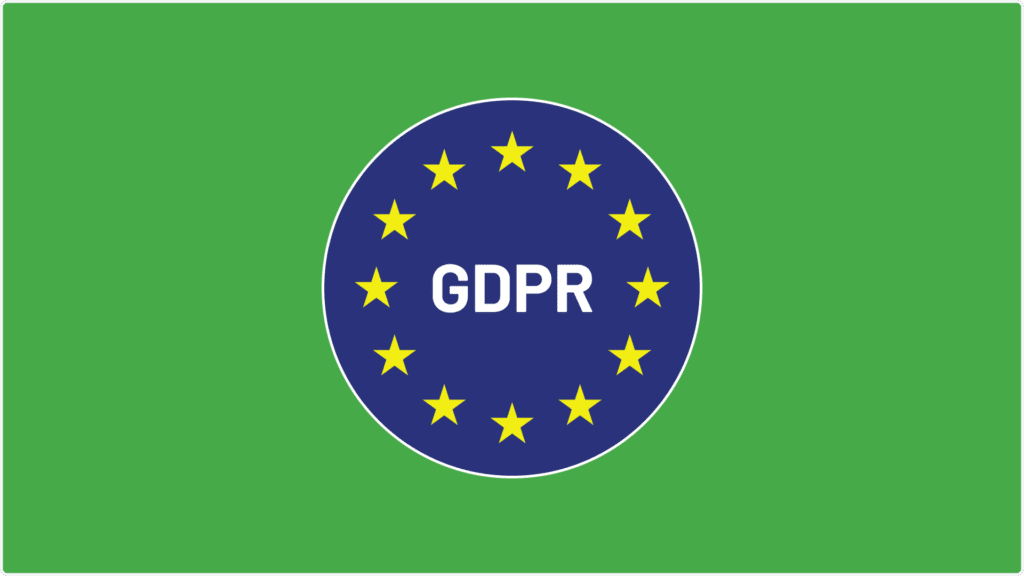 A green flag featuring a blue circle with the letters GDPR in white, symbolizing secure communication. The circle is surrounded by twelve yellow stars, resembling the European Union flag design.