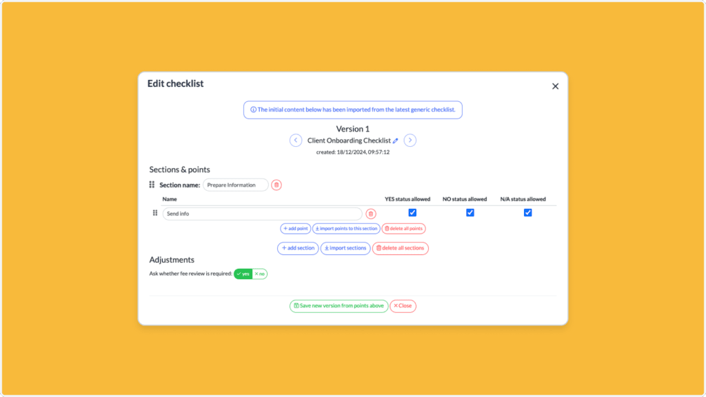 A screenshot of a Edit checklist interface in innovative checklist software displays sections for adding or deleting points. The version information is at the top, with options to adjust or review sections below. The background enhances task management with a vibrant orange hue.