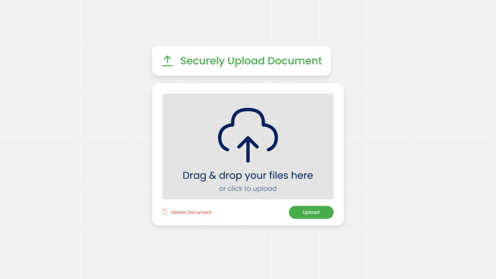 Illustration of a client portal document upload interface with a cloud icon. Text reads Drag & drop your files here or click to upload. Buttons at the bottom for Delete Document and Upload.