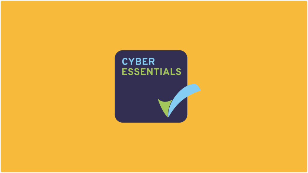 Logo on a yellow background featuring a dark blue square with the words Cyber Essentials in white and green. A blue and green checkmark design overlaps the squares bottom right corner, symbolizing secure access for your client portal.