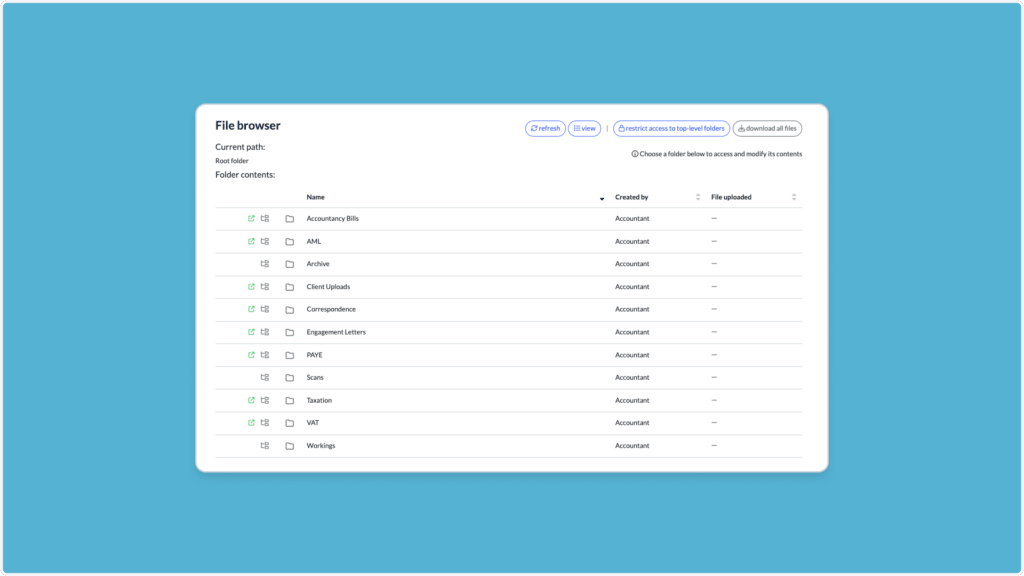 A client portal with a sleek blue background displays a file browser interface, showcasing folders like Accounting Skills and AML. Users can view modification dates, sort through the list, and access file authentication options for seamless navigation.