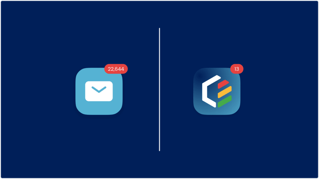 A blue envelope icon on the left, marked by a red notification badge with 22,644 unread items, represents the Client Portal. On the right, a multicolored app icon displays 13 unread items. Both are set against a dark blue background.