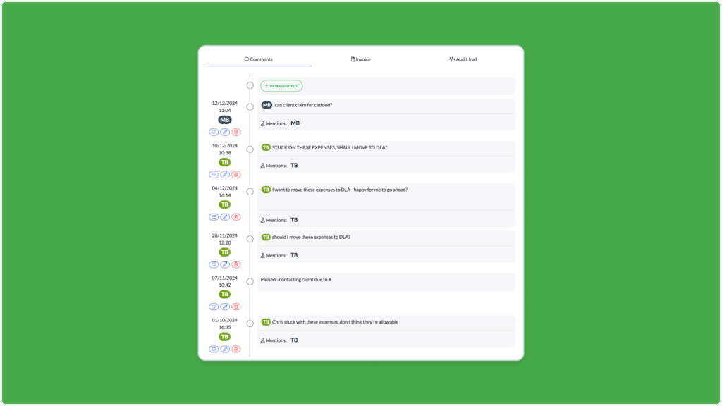 A chat interface on a green background displays timestamps, user initials, and comments on test expenses and invoice questions. Emojis mark thoughts, ideas, and rejection. Colleague tagging highlights specific users to ensure prompt responses in the ongoing discussion.