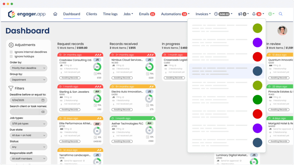 A dashboard screen showcases a project management app with sections for recent records, records reviewed, in progress, and in review. It features colorful status tags and colleague tagging options. A dropdown menu on the right offers various colored choices.