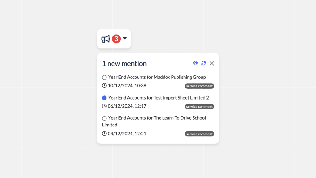 A notification icon with the number 3 appears above a list of mentions, highlighting year-end accounts for three different organizations. Each entry, tagged for colleague review, includes a date, time, and a service comment label.