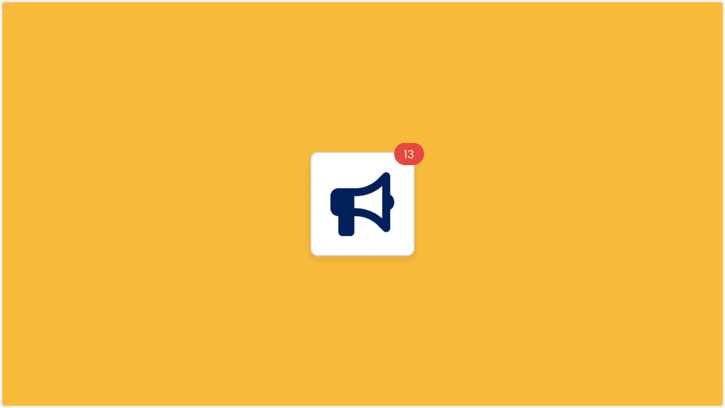 A yellow background with a white square in the center showcases a dark blue megaphone icon, ideal for colleague tagging. A red notification badge displaying the number 13 is positioned at the top right corner of the square.