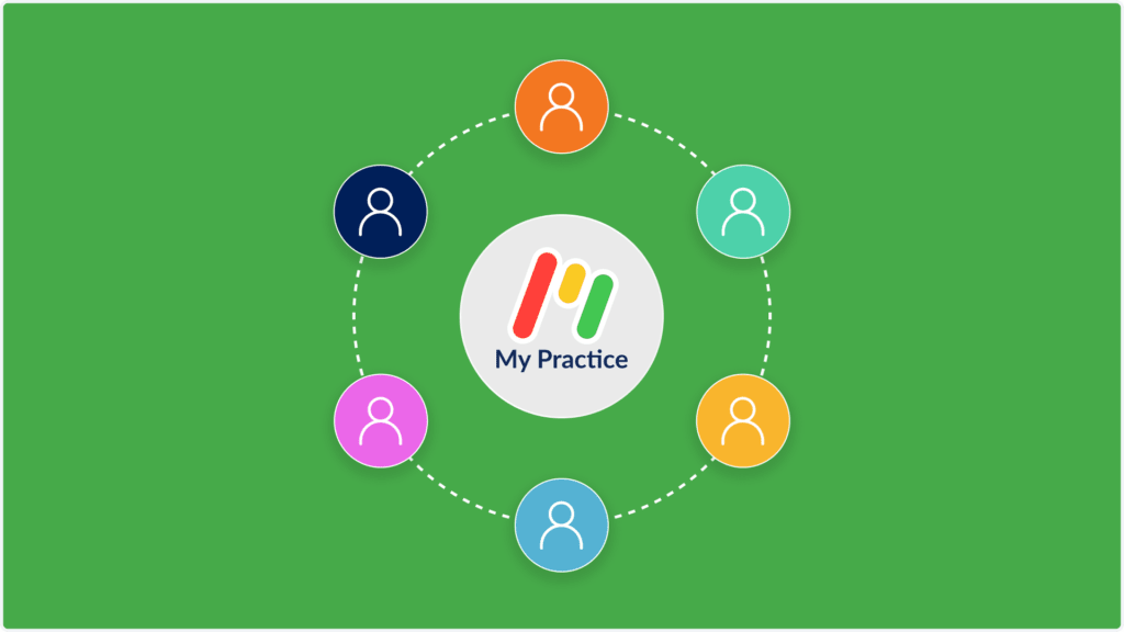 Diagram of the My Practice logo with colorful connected circles, each containing a generic avatar icon, on a green background. The circles are linked in a semi-circular pattern around the logo.