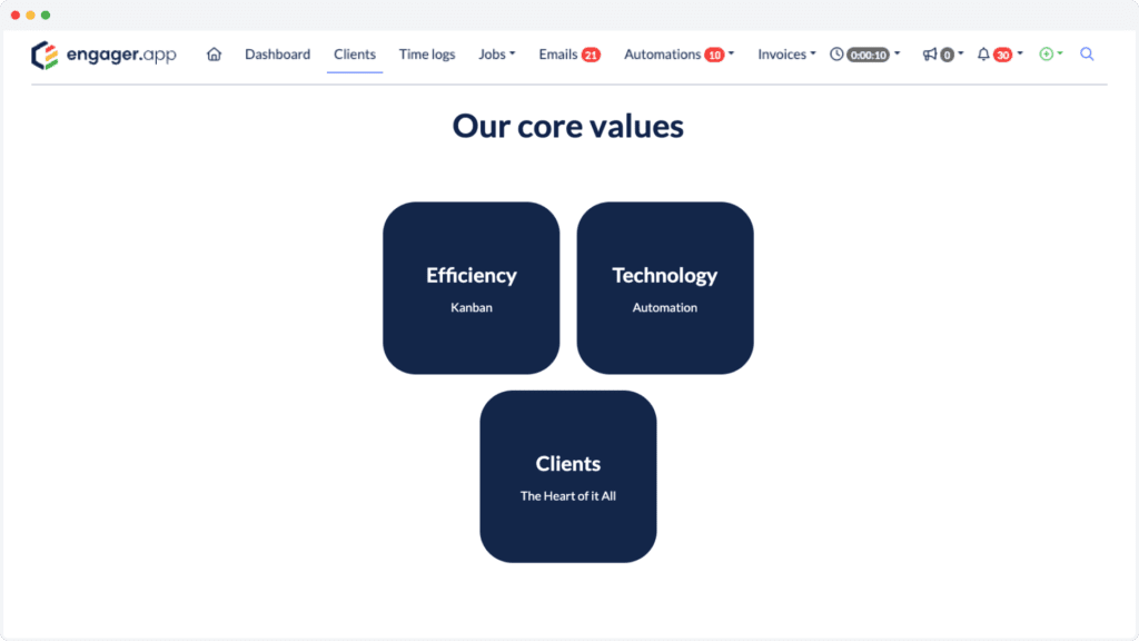 A webpage displaying Our core values with three dark blue boxes. The boxes are labeled Efficiency: Kanban, Technology: Automation, and Clients: The Heart of It All. The page header shows menu options like Dashboard, Clients, and Time logs.