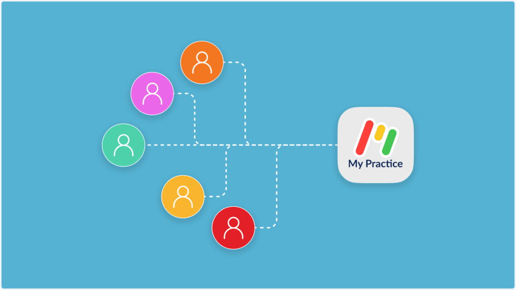 A diagram on a blue background showing five colored circles with user icons connected by dotted lines to a rectangular icon labeled My Practice.