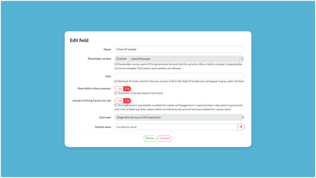 A screenshot of an interface displaying an Edit field form for customizing fields. The form includes input fields for name, placeholder symbol, and default value, plus radio buttons and checkboxes for display and inclusion options. Save and Cancel buttons are positioned at the bottom.