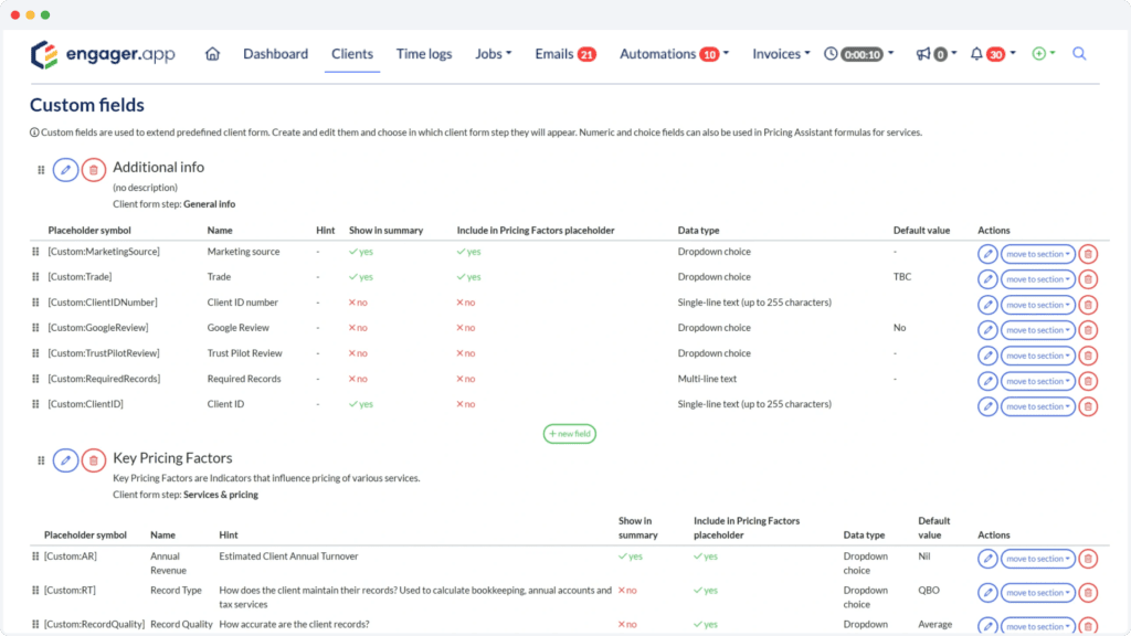 A screenshot of an application interface highlighting customizable client fields features. The interface includes sections for additional info and key pricing factors, with various placeholders, data types, and actions like edit or delete to manage custom fields efficiently.