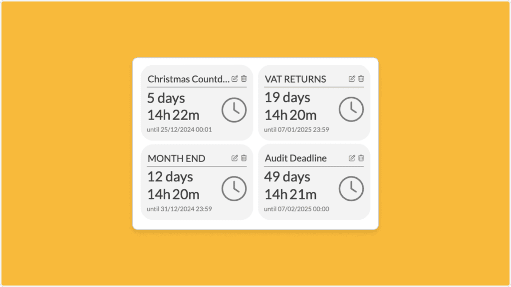 A dashboard displaying four countdowns: Christmas Count with 5 days remaining, VAT Returns with 19 days, Month End with 12 days, and Audit Deadline with 49 days. Each includes hours and minutes left until specified dates in 2024 and 2025.