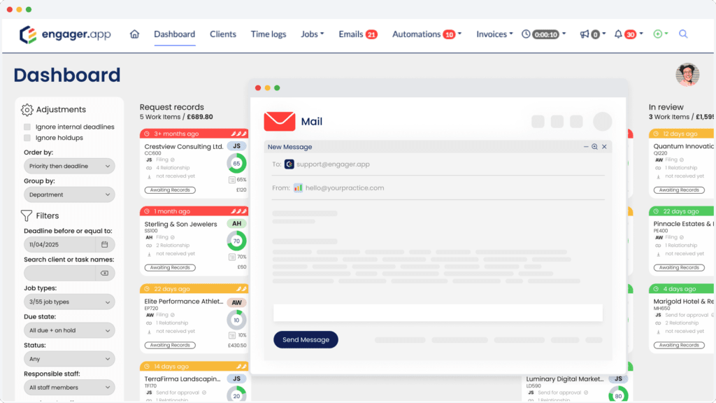 The software dashboard interface highlights seamless email integration, displaying notifications and tasks with filters on the left. A central inbox pop-up reveals new messages, while project statuses line the right. The top bar offers navigation options for various functions.