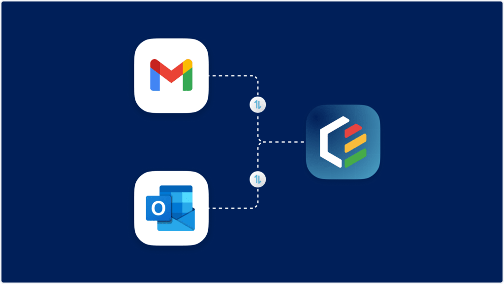 Diagram illustrating the integration of Gmail and Outlook logos on the left, both seamlessly connected by dashed lines marked with a 1 to a central logo on the right. The email-focused design sits against a sophisticated dark blue background.