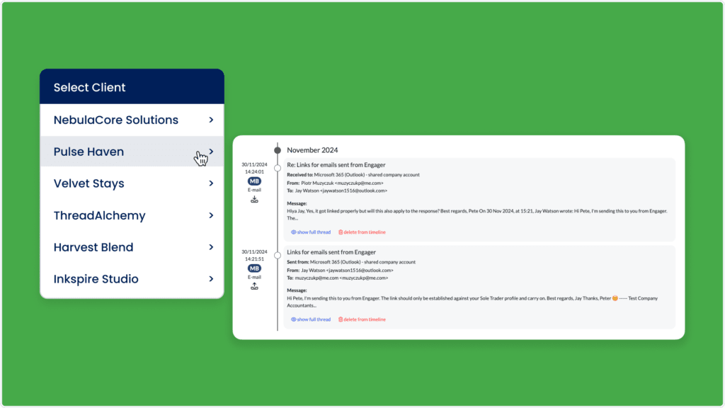 A software interface shows a client selection menu on the left, with Pulse Haven highlighted. On the right, notifications from Engageer detail email integration activities in November 2023, featuring timestamps and company names.