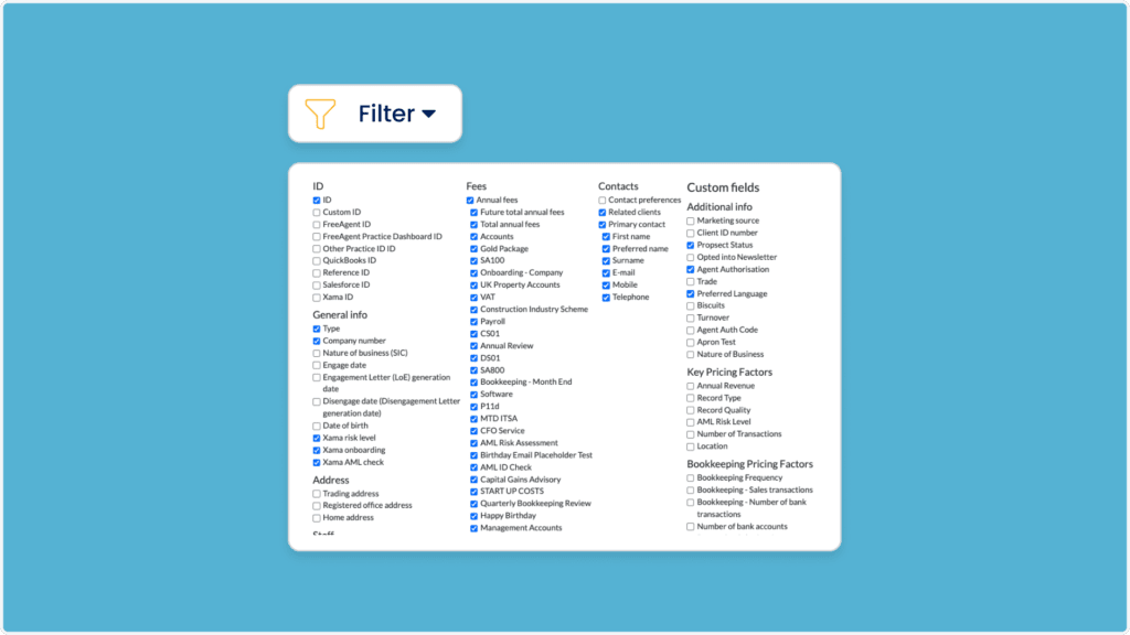 A user interface showing a filter dropdown menu with a list of selectable checkboxes related to various fields such as ID, fees, contacts, custom fields, key pricing factors, and bookkeeping pricing factors on a blue background.