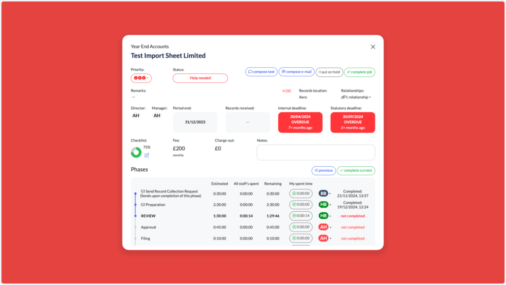 A computer interface titled Test Import Sheet Limited displays project details, including a checklist, progress phases, and financial figures. Notifications indicate overdue tasks and uncompleted phases, all set against a red background.