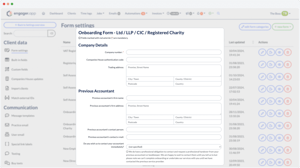 Screenshot of a form titled Onboarding Form - Ltd / LLP / CIC / Registered Charity with fields for company and previous accountant details, including company number, names, addresses, and contact information. The background shows a blurred management software interface.