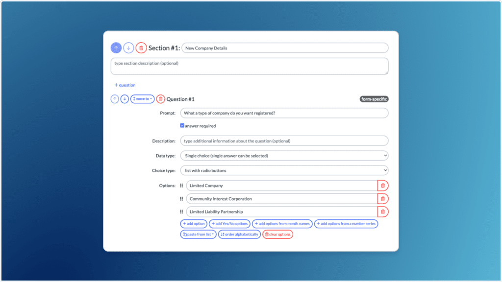 A form interface on a blue gradient background displays options for company registration types, including Limited Company, Community Interest Corporation, and Limited Liability Partnership. Various form settings and buttons are visible.