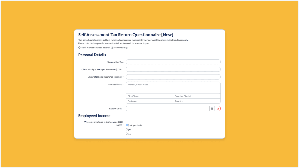 A tax return questionnaire form titled Self Assessment Tax Return Questionnaire [New] on a yellow background. It includes fields for personal details like tax reference, insurance number, name, address, and income details for 2023-2024.