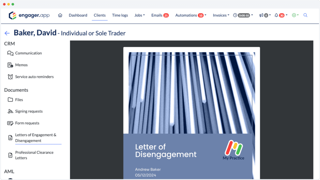 Screenshot of the app interface: a Letter of Disengagement from My Practice is displayed. The sidebar offers options like CRM, Documents, Files, and Settings. Designed for the individual or sole trader David Baker, it seamlessly integrates SEO practices to enhance document management efficiency.