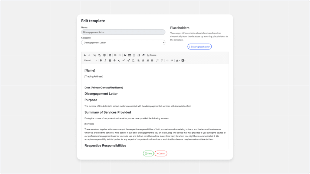 Screenshot of a template editing interface for a Client Termination letter. The interface shows fields for a name and placeholders. The letter includes sections for Purpose, Summary of Services Provided, and Respective Responsibilities, with a visible toolbar.