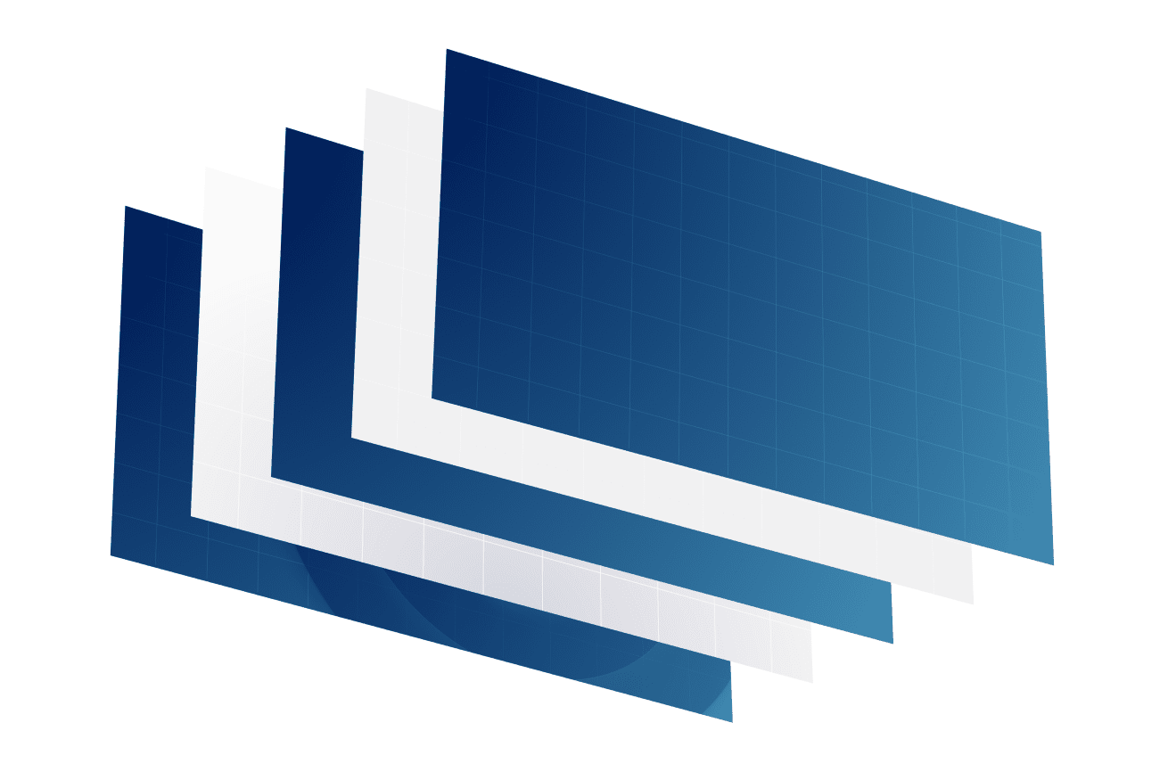 Three overlapping, semi-transparent rectangles with gradient blue shades on a white background create a layered effect. The shapes are slightly tilted, giving depth and dimension, perfect for enhancing any brand centres visual appeal and optimizing its presence through effective SEO strategies.