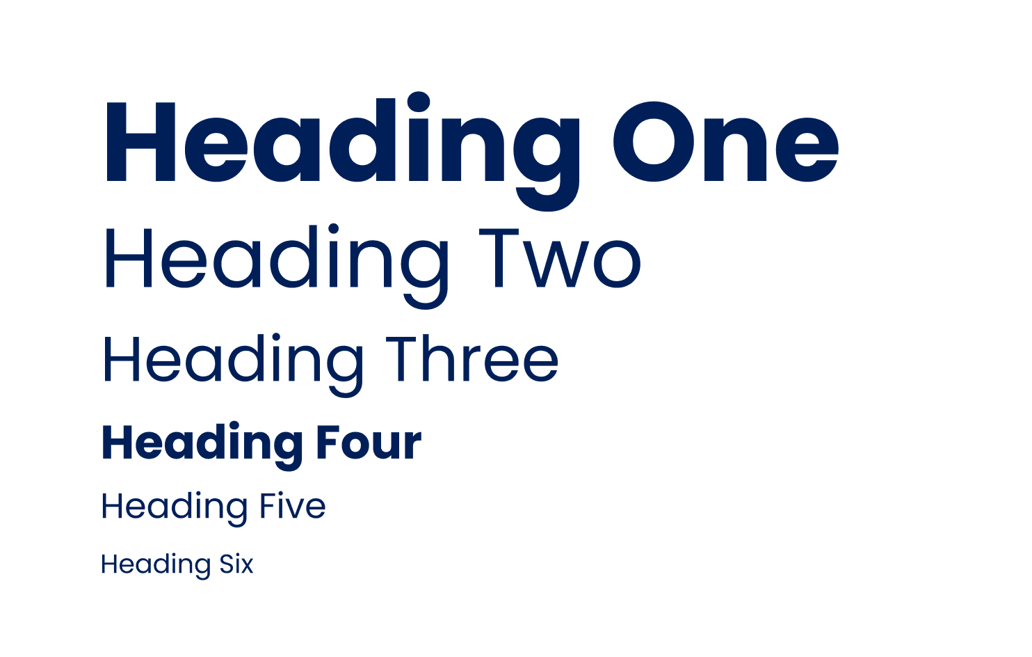 Text displaying examples of different heading styles found in the Brand Centre: Heading One, Heading Two, Heading Three, Heading Four, Heading Five, and Heading Six, each varying in size and boldness.