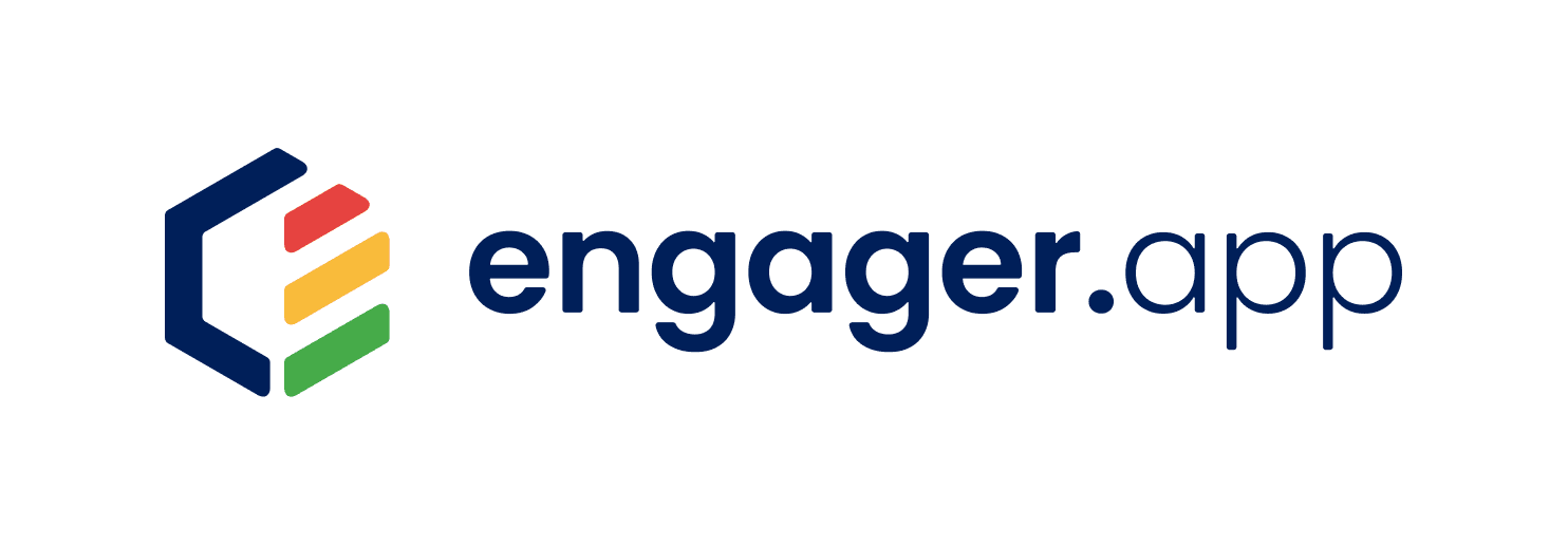 Logo for engager.app, designed as a brand centrepiece, showcases a stylized hexagon with blue, red, yellow, and green segments on the left and engager.app inscribed in blue on the right.